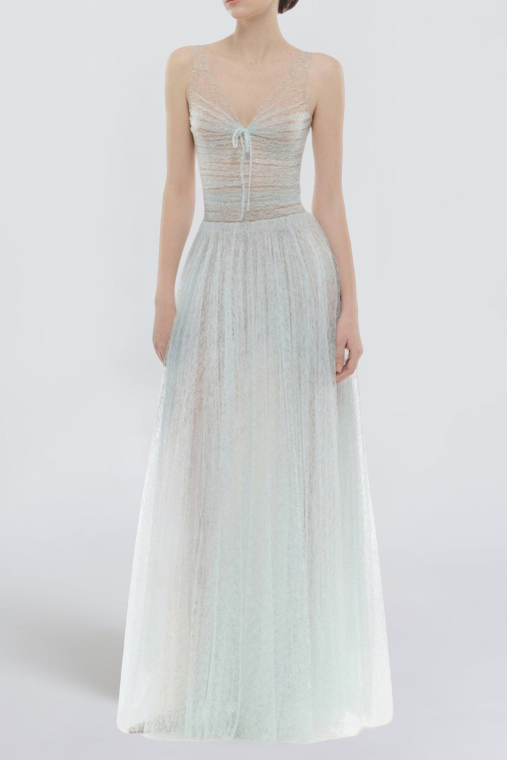 monica blue draped tulle fishbone maxi dress