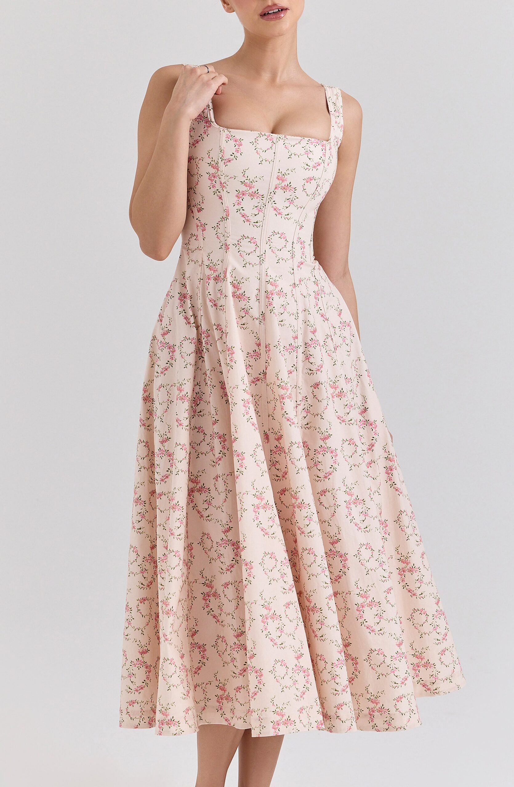 GEMMA FLORAL LACE-UP MIDI DRESS, CREAM COTTON
