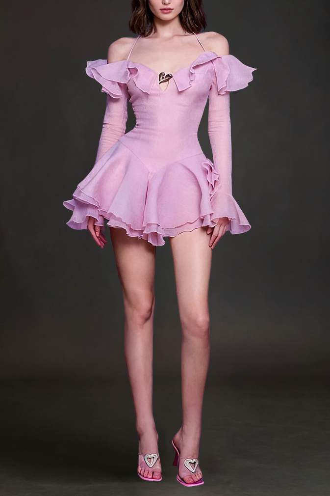 0393154819-4853FEB7B1D4 RUFFLED PINK HALTER MINI DRESS FOR PARTY