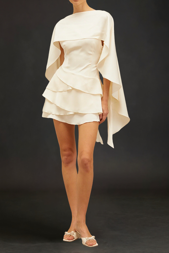 LYNA WHITE SATIN RUFFLED MINI DRESS WITH SHAWL PANEL