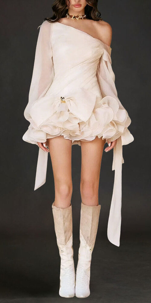 Apricot Ruffle Diagonal Long Sleeve Mini Dress Apricot Ruffle Diagonal Long Sleeve Mini Dress