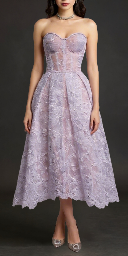 AGNENS Purple Sexy Strapless Embroidered Lace Midi Dress