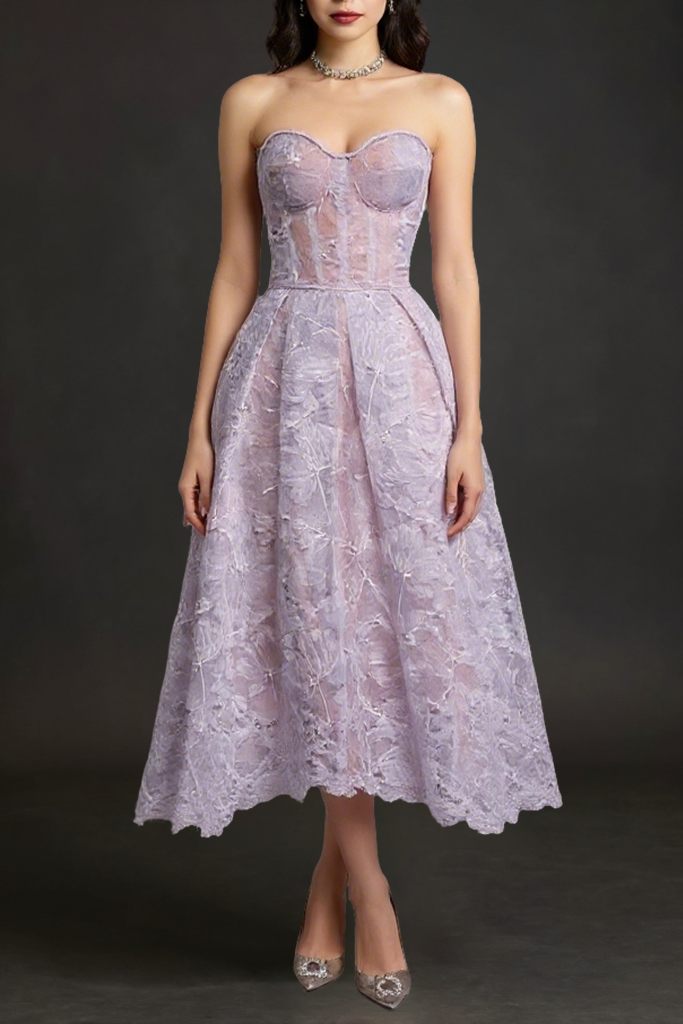 AGNENS PURPLE STRAPLESS LACE MIDI DRESS