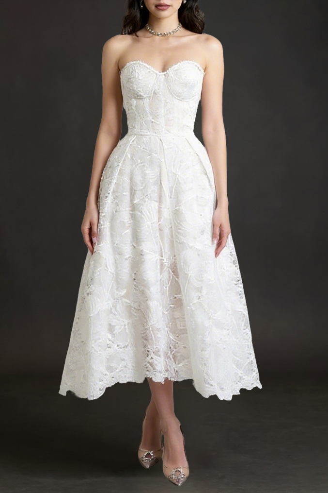 AGNENS WHITE STRAPLESS LACE MIDI DRESS