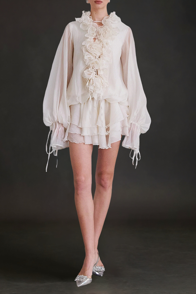 0393315481-4142-83E9-5B3FFEB7B1D4 ZÉPHYRINE FLORAL APPLIQUÉ TIERED MINI DRESS NEUTRAL PARTY