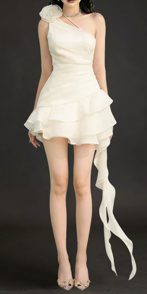 One Shoulder Ruffle Mini Dress Flower Mini Dress White Ruffle Dress Chic One Shoulder Dress Floral Detail Mini Dress Elegant White Mini Dress Playful Ruffle Dress Evening Wear White Dress Feminine Floral Dress Stylish Mini Dress