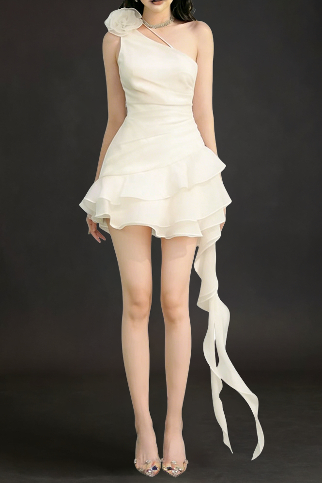 0393315481C-4142-83E9-5B3FFEB7B1D4 FLOWER ONE-SHOULDER RUFFLE MINI DRESS WHITE