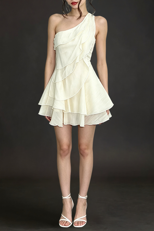 EVELYN ONE-SHOULDER RUFFLE MINI DRESS - APRICOT