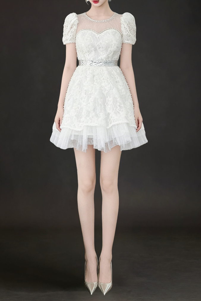 0393315481C9-4142-839-5B3FFEB7B1D4 WHITE LACE SEQUIN PUFF SLEEVE MINI DRESS
