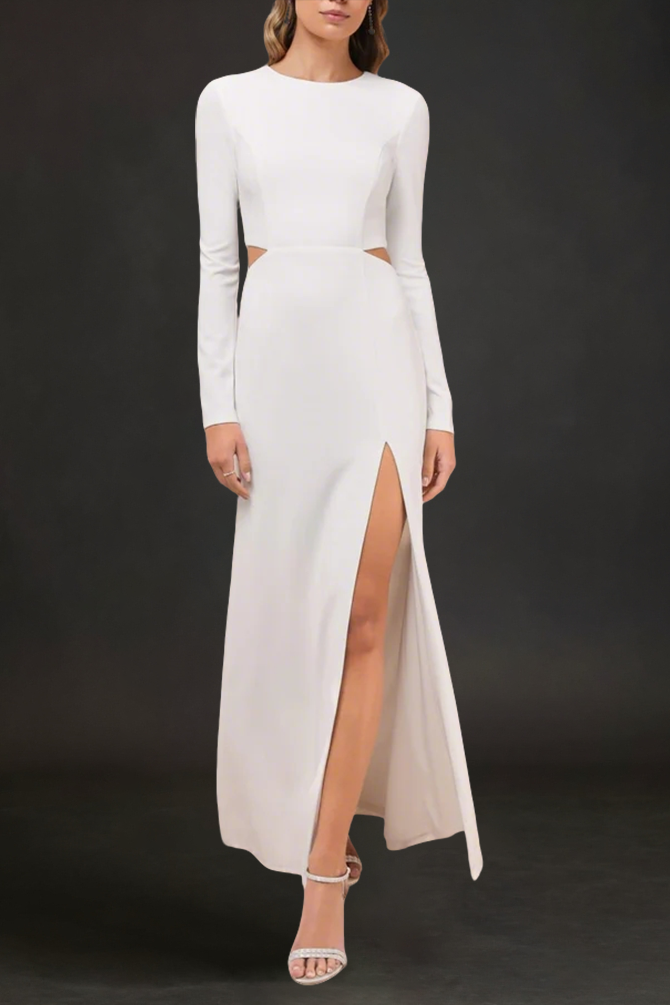WHITE CUTOUT LONG SLEEVE MAXI DRESS