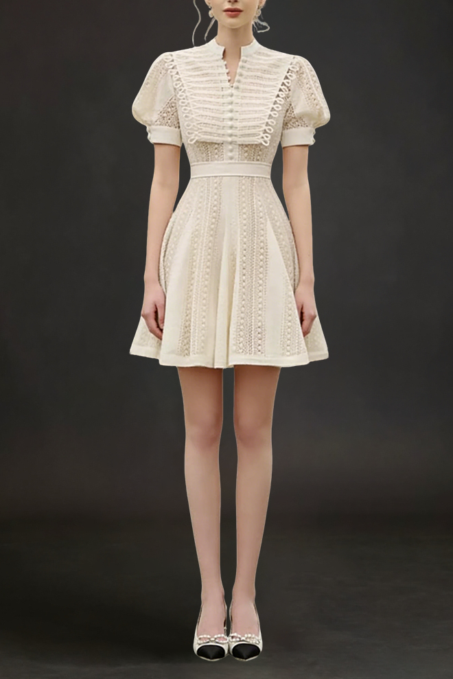 0393315481C9-442-83E9-5B3FFEB7B1D4 FLARED LACE PUFFY SLEEVE MINI DRESS WHITE