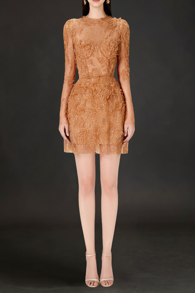 HONEY BEADED LACE MINI DRESS FOR COCKTAIL PARTY