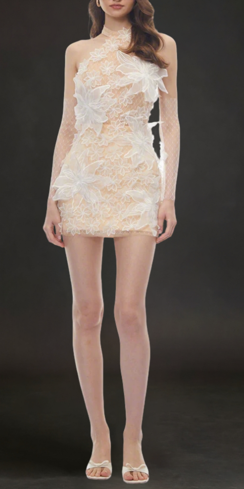 shirley Champagne Halterneck Mini Dress with 3D Petals