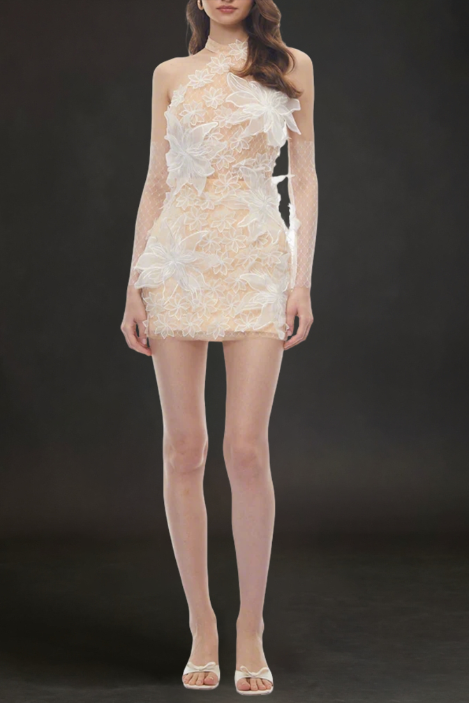 shirley Champagne Halterneck Mini Dress with 3D Petals