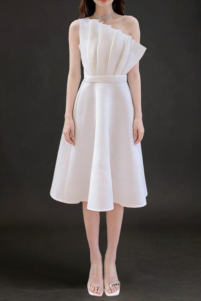039331548C9-4142-83E9-5B3FFEB7B1D4 RUFFLED HEM STRAPLESS ONE-SHOULDER MIDI DRESS