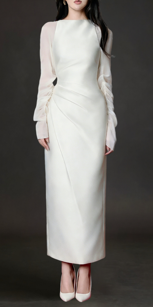griselda Boat Neck Gathered Midi Dress in ivory griselda Boat Neck Gathered Midi Dress in ivory