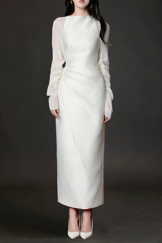 griselda Boat Neck Gathered Midi Dress in ivory