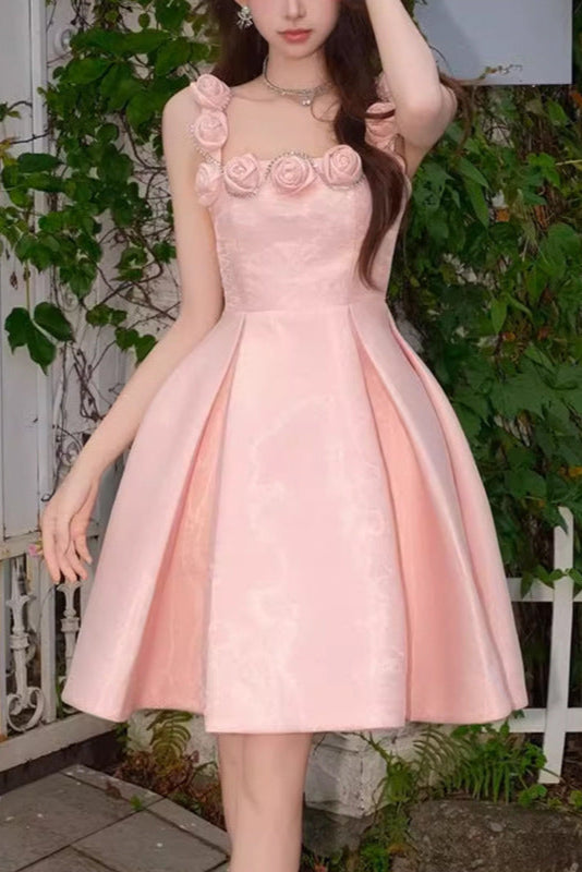 RHINESTONE ROSE APPLIQUE PINK MINI PARTY DRESS