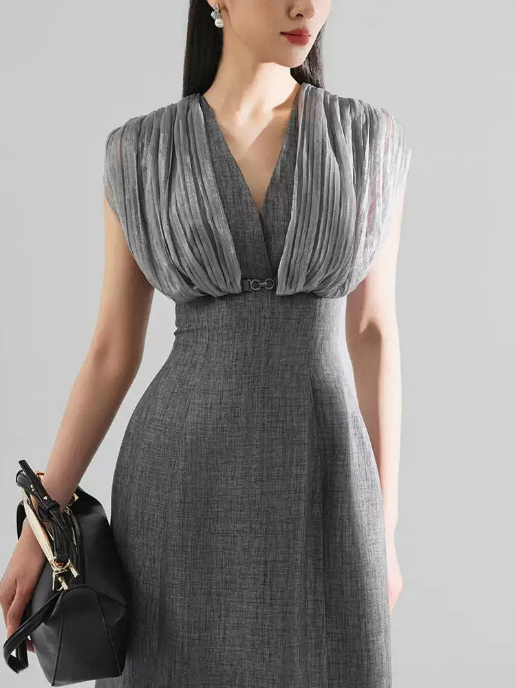MESH SLEEVELESS MIDI DRESS GREY, SLIM SILHOUETTE