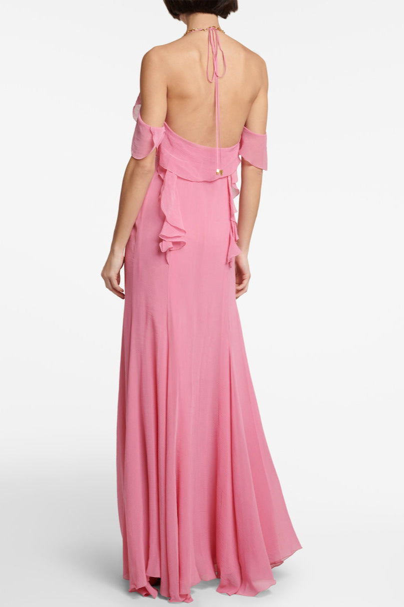 PINK RUFFLE SILK MAXI DRESS FOR WEDDINGS
