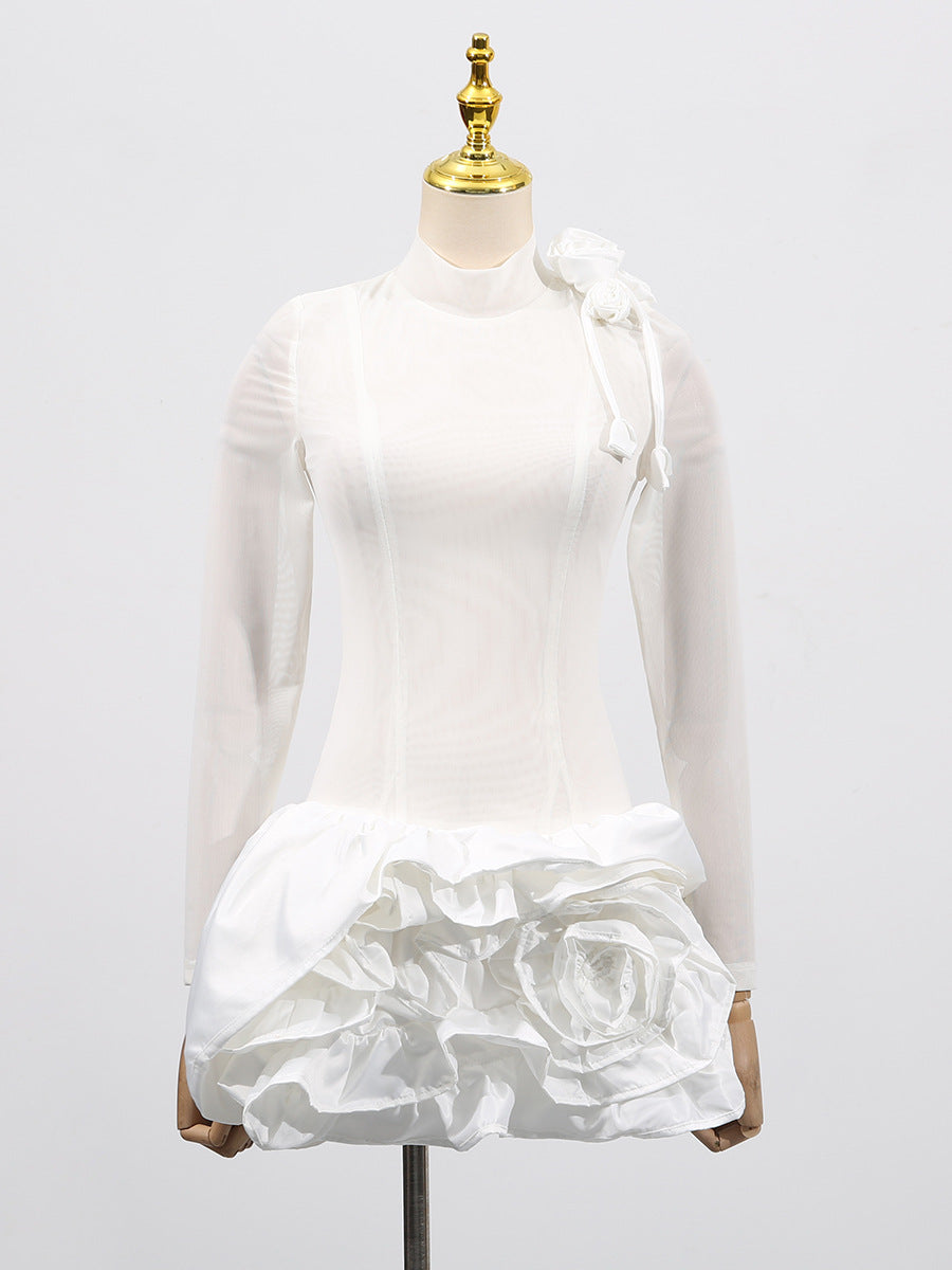 3D FLOWER HEM MESH WHITE MINI DRESS