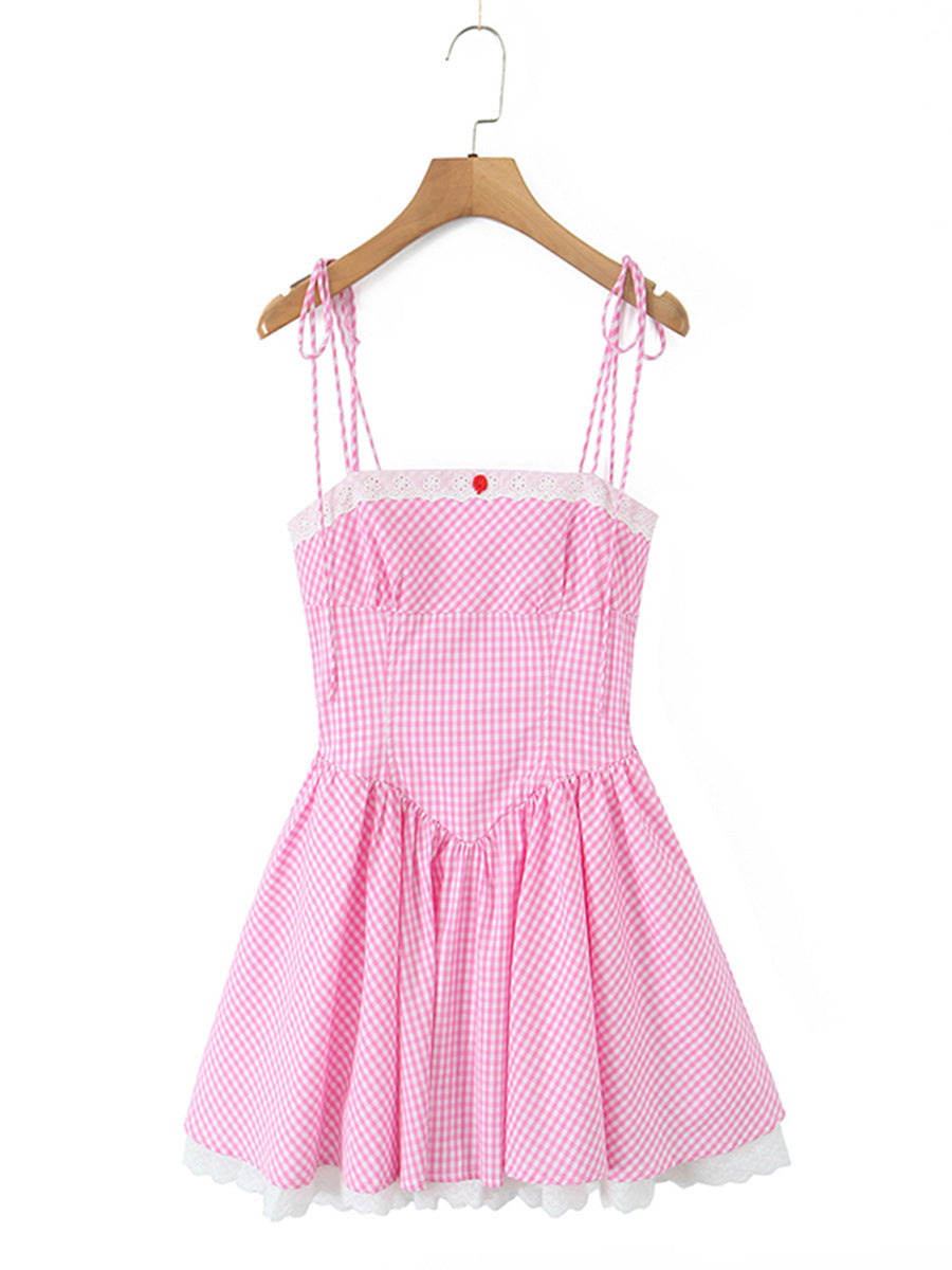 JOYCE GRID STRAP PINK MINI DRESS FOR PARTY