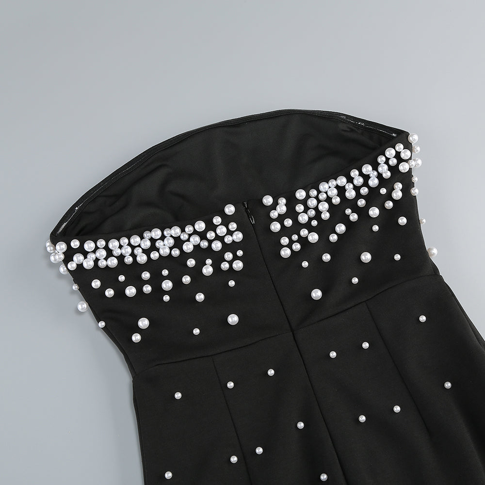 PEARL STRAPLESS GOWN, BLACK EVENING DRESS