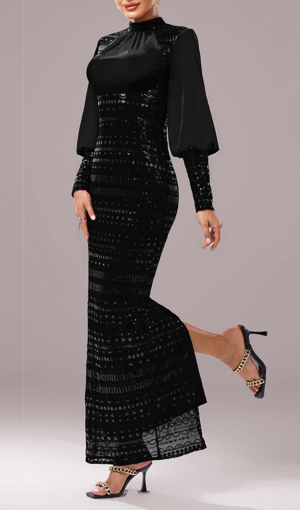 SEQUIN BLACK LONG SLEEVE MAXI DRESS FOR EVENING