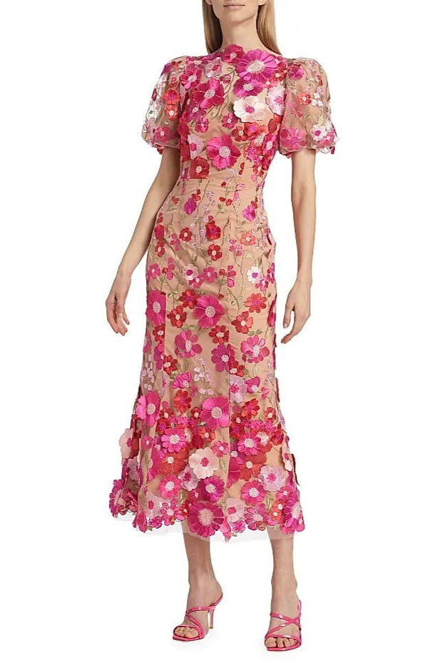 CAROL ROSE RED EMBROIDERED MESH FISHTAIL MIDI DRESS