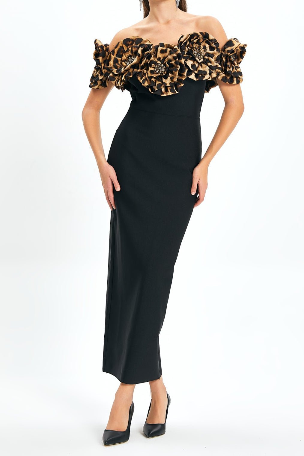 3D FLOWER LEOPARD PATTERN BANDAGE MAXI DRESS IN BLACK