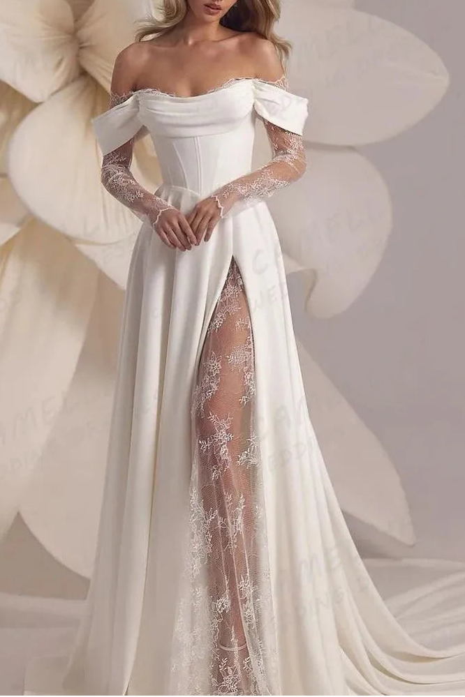 A LINE OFF SHOULDER SPLIT SATIN LACE APPLIQUES BRIDAL GOWNS