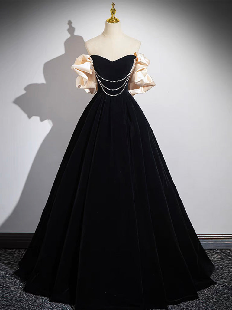 A-LINE BLACK VELVET LONG PROM DRESS