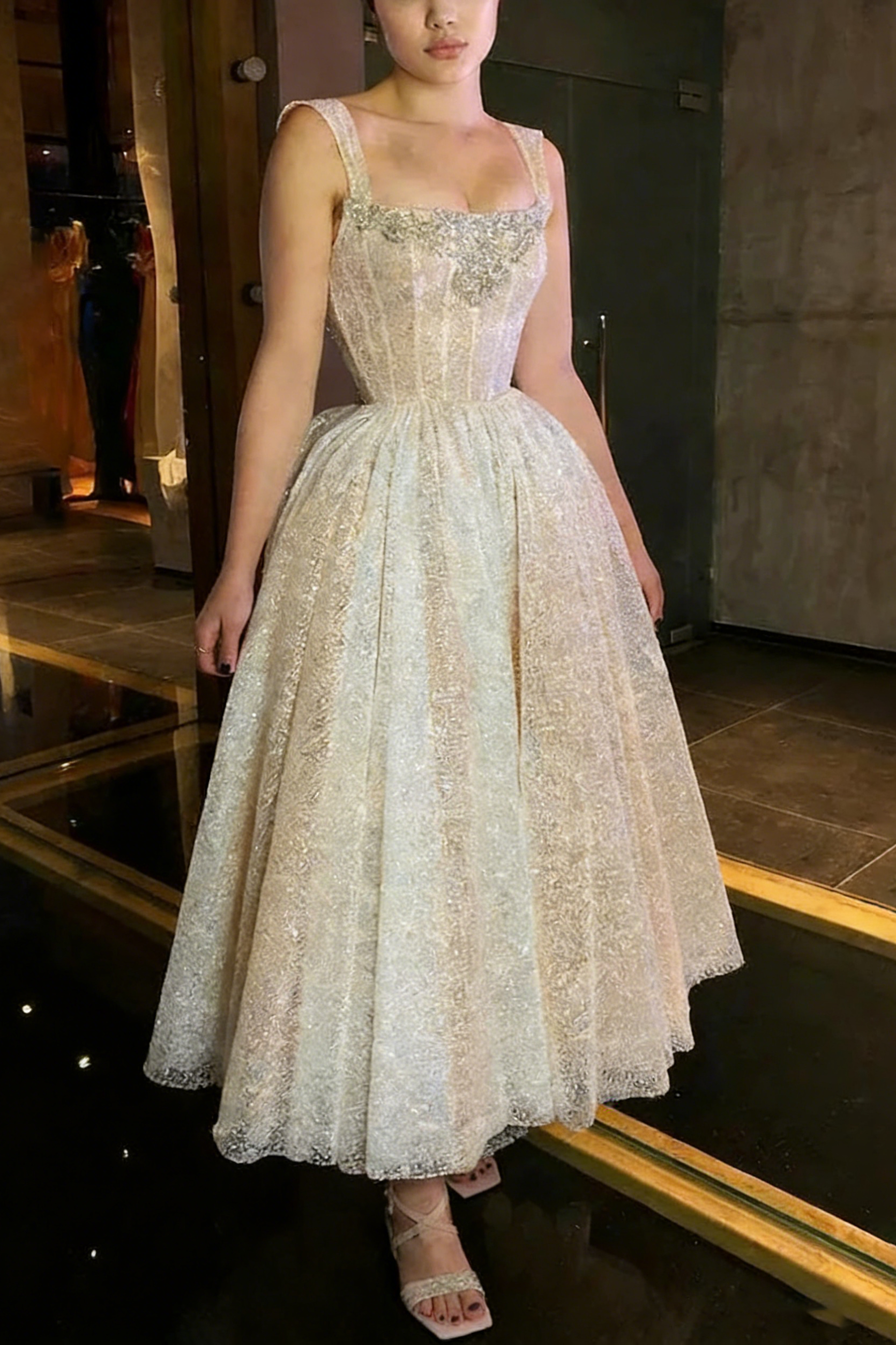 A-LINE GLITTER SLEEVELESS LIGHT CHAMPAGNE WEDDING DRESSES