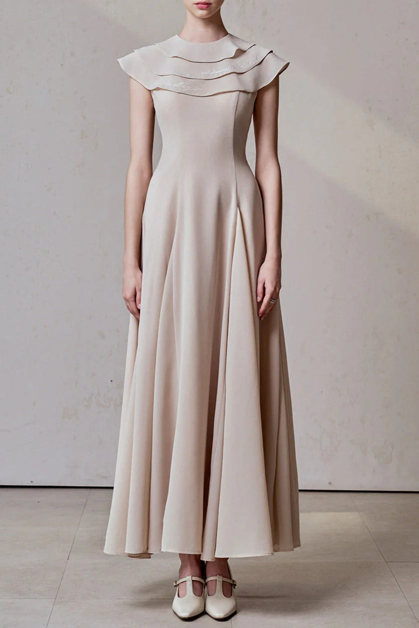 A-LINE JEWEL NECK VISCOSE ANKLE MAXI DRESS IN BEIGE