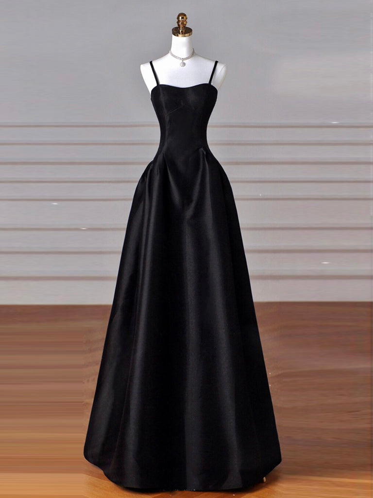 A-LINE NECK SATIN BLACK DRESS
