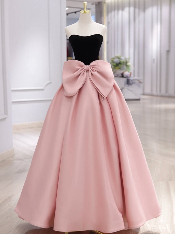 A-LINE NECK SATIN VELVET PINK DRESS