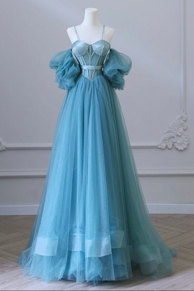 A-LINE NECK TULLE BLUE PROM DRESS