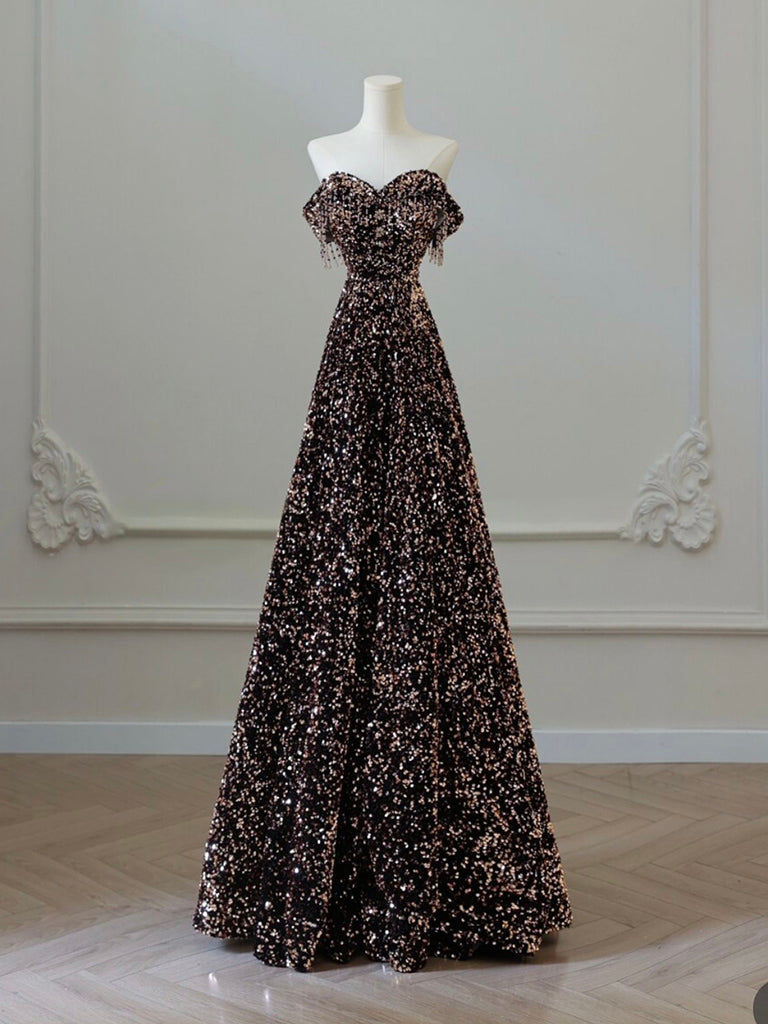 A-LINE OFF SHOULDER COFFEE GOLD SEQUIN DRESS