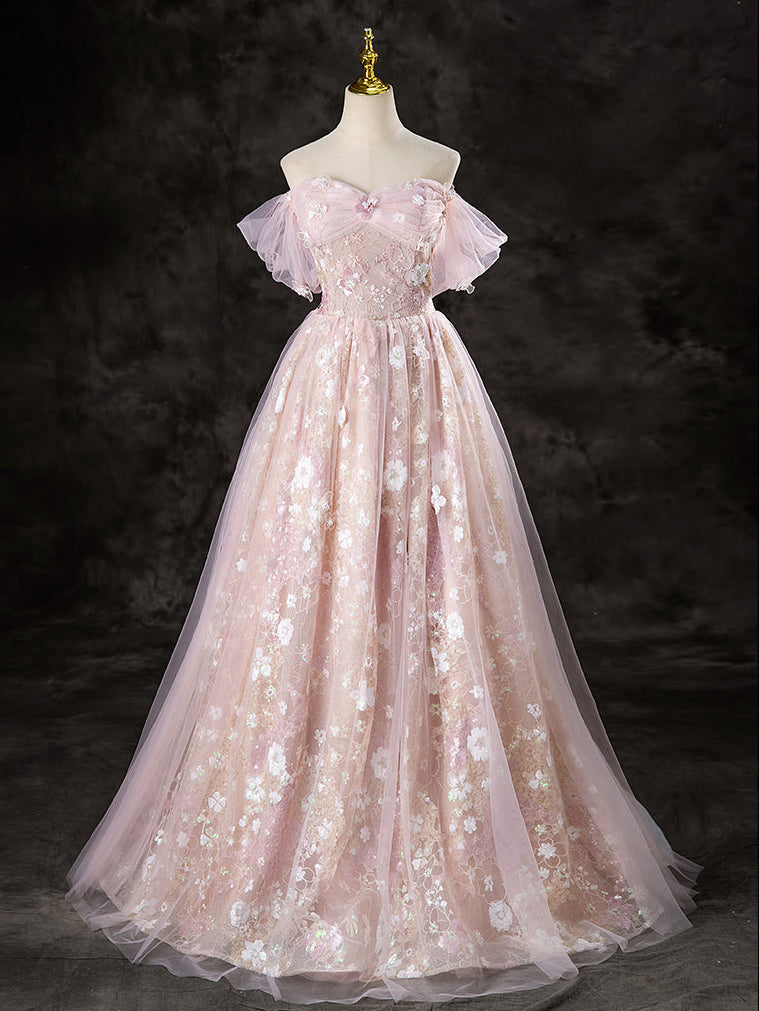 A-LINE OFF SHOULDER PINK DRESS