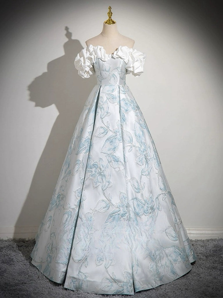 A-LINE OFF SHOULDER SATIN BLUE DRESS