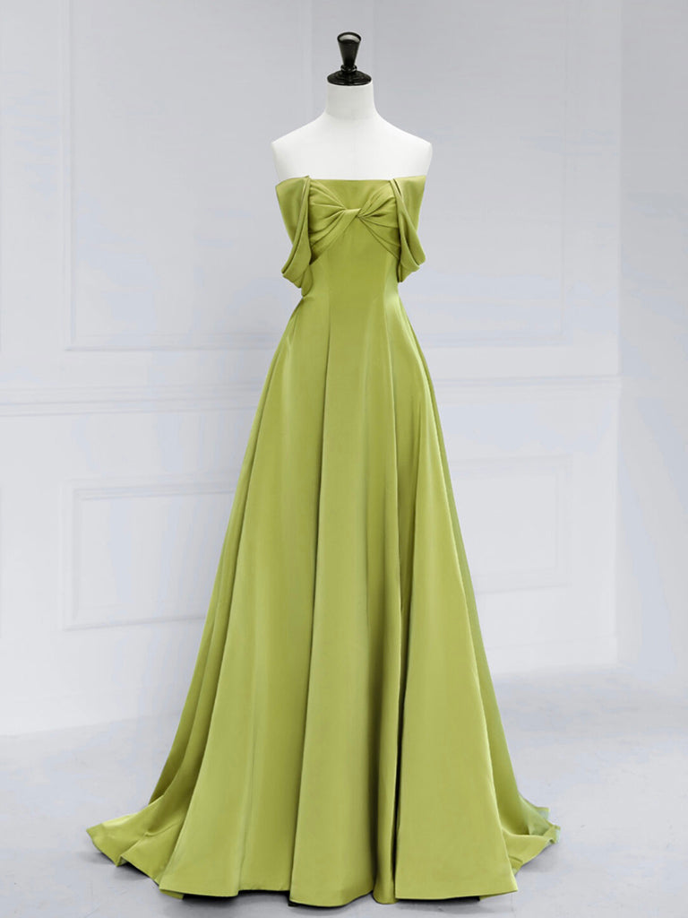 A-LINE OFF SHOULDER SATIN GREEN DRESS