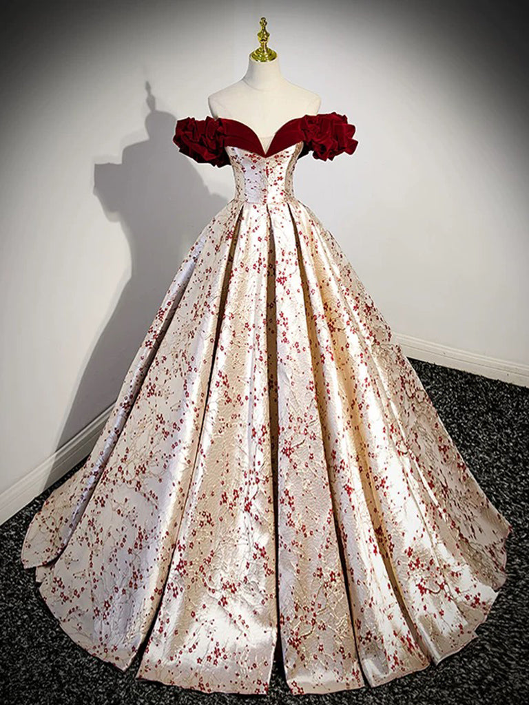 A-LINE OFF SHOULDER SATIN/VELVET CHAMPAGNE DRESS