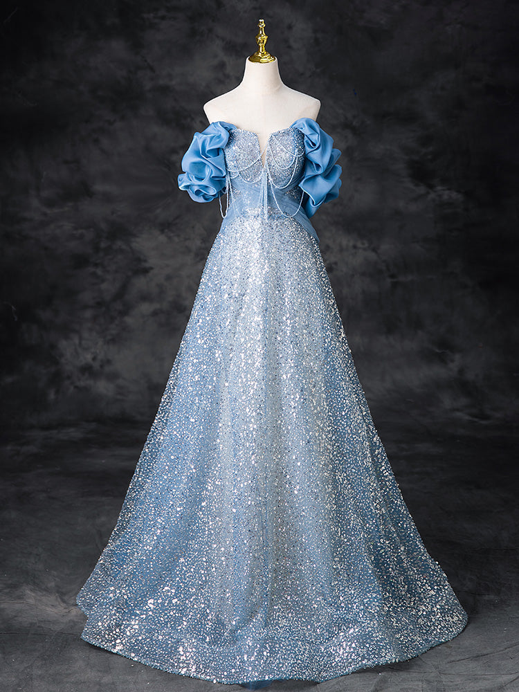 A-LINE OFF SHOULDER SEQUIN BEADS BLUE DRESS