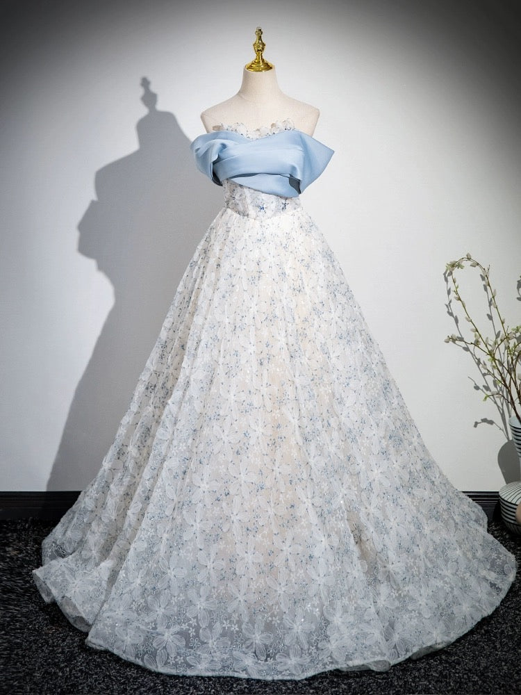 A-LINE OFF SHOULDER TULLE LACE BLUE DRESS