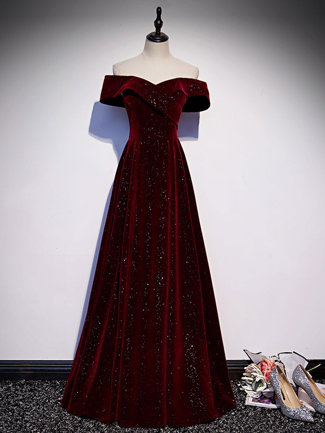 A-LINE OFF SHOULDER V NECK VELVET BURGUNDY PROM DRESS