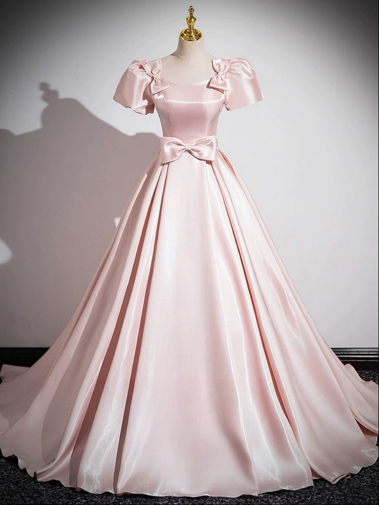 A-LINE SATIN PINK PROM DRESS