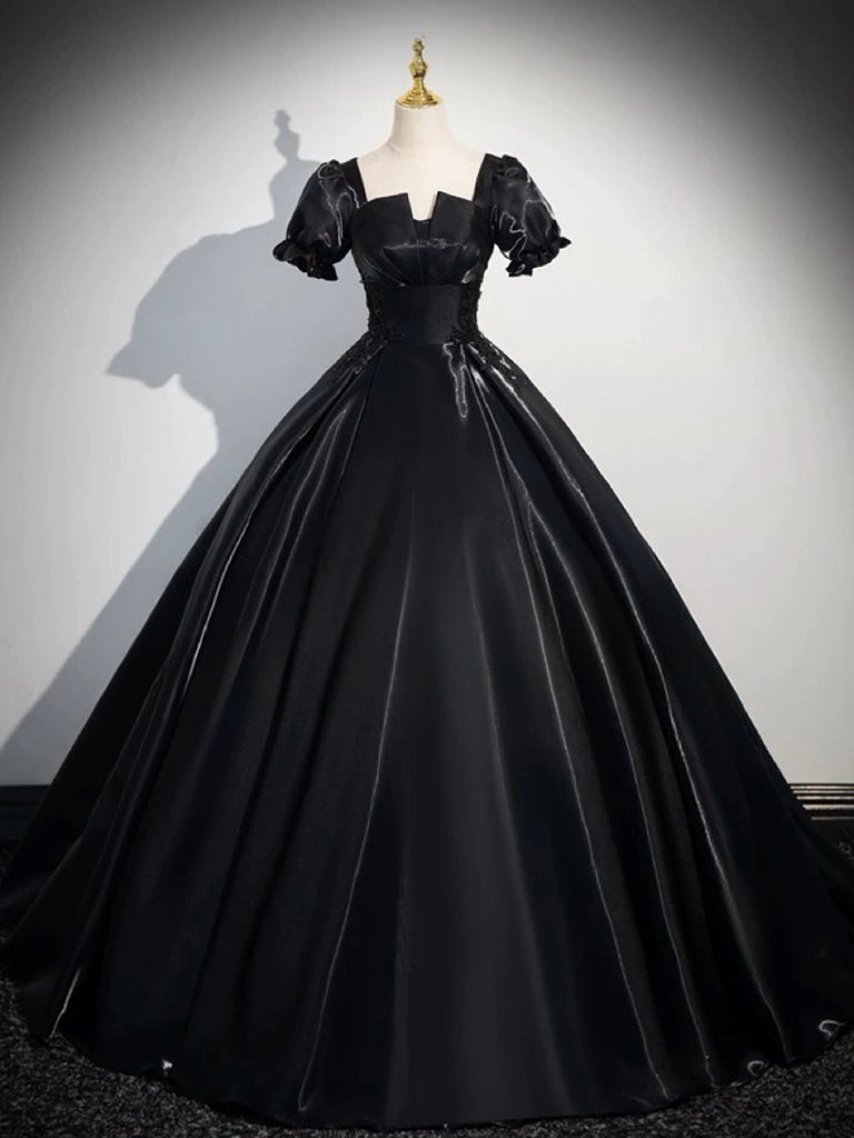 A-LINE SHORT SLEEVE SATIN BLACK PROM DRESS