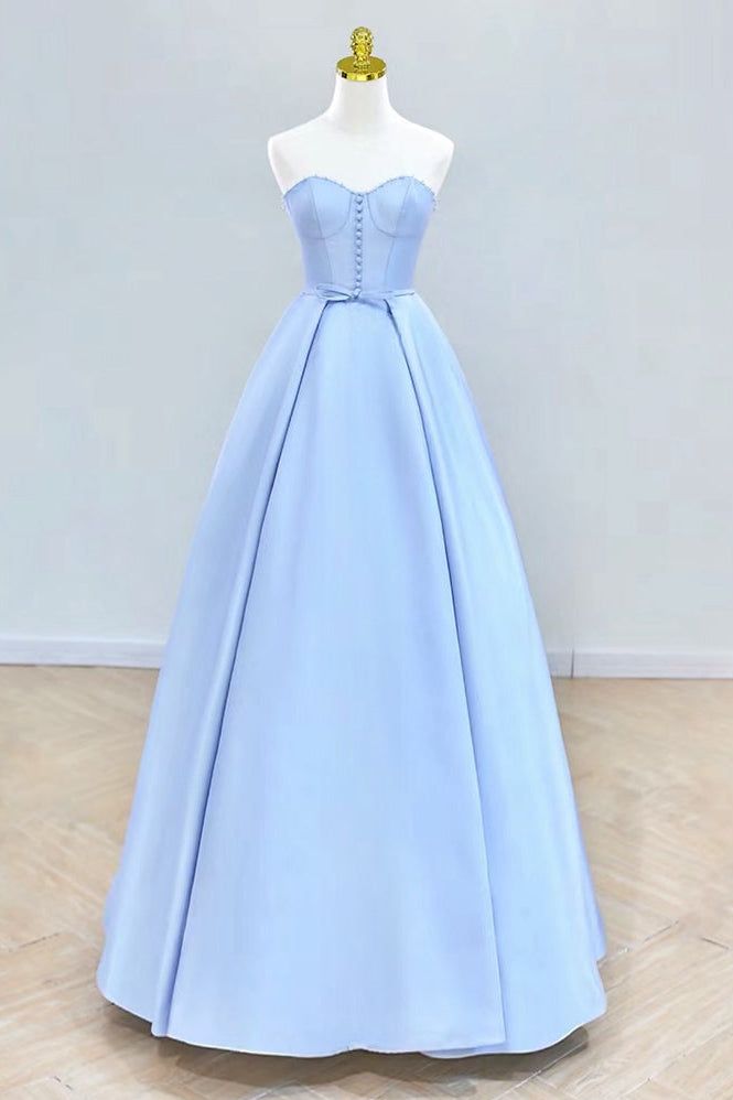 A-LINE SWEETHEART NECK SATIN BLUE DRESS
