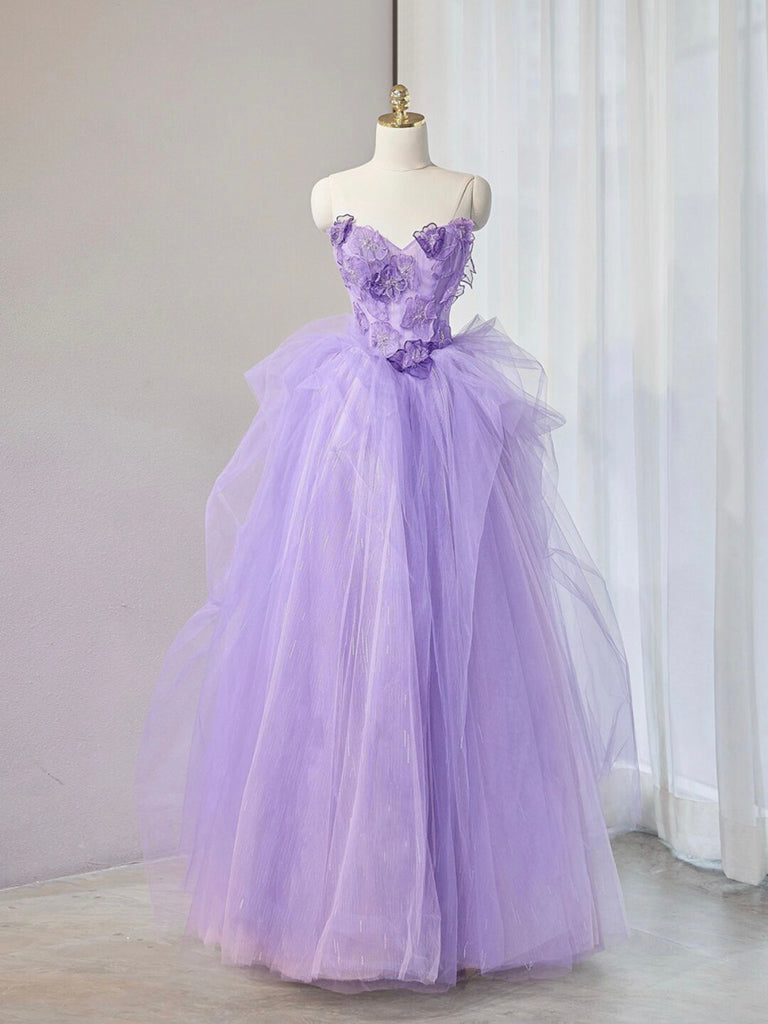 A-LINE TULLE LACE APPLIQUE PURPLE PROM DRESS