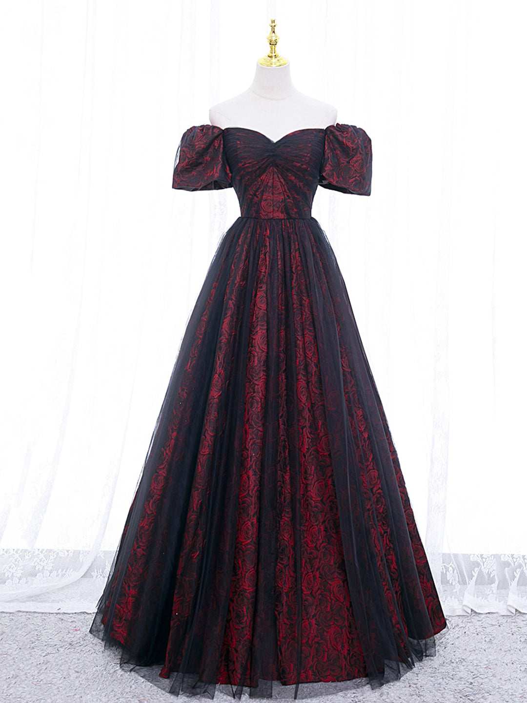 A-LINE TULLE LACE BLACK/BURGUNDY PROM DRESS